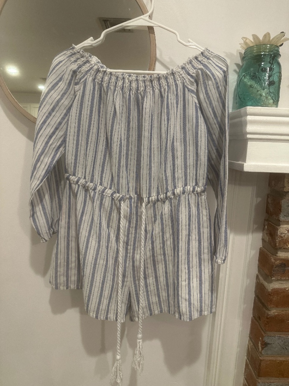 “Simplee” Blue & White Striped Off-the-Shoulder Romper Women’s Size Small